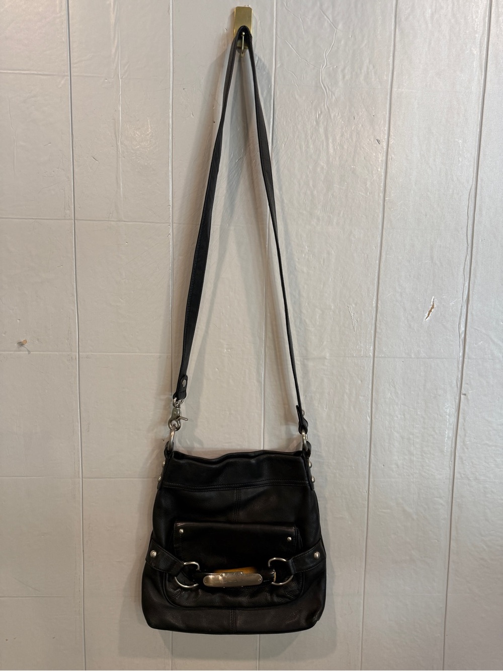 b. makowsky Black Leather Crossbody Bag with Silver Hardware